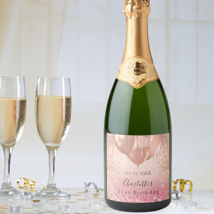 Étiquettes Pour Bouteilles De Vin Mousseux Anniversaire rose rose or parties scintillant ball