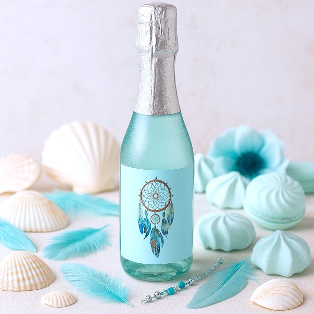 Étiquettes Pour Bouteilles De Vin Mousseux Aquamarine Watercolor Dreamcatcher Baby Shower (Aquamarine Watercolor Dreamcatcher Baby Shower Sparkling Wine Label)