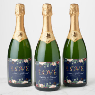 Étiquettes Pour Bouteilles De Vin Mousseux Aquarelle Bleu Bourgogne Floral Gold Mariage