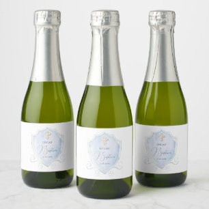 Étiquettes Pour Bouteilles De Vin Mousseux Aquarelle bleu clair Crest Baptême