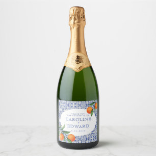 Étiquettes Pour Bouteilles De Vin Mousseux Aquarelle bleu Mariage méditerranéen