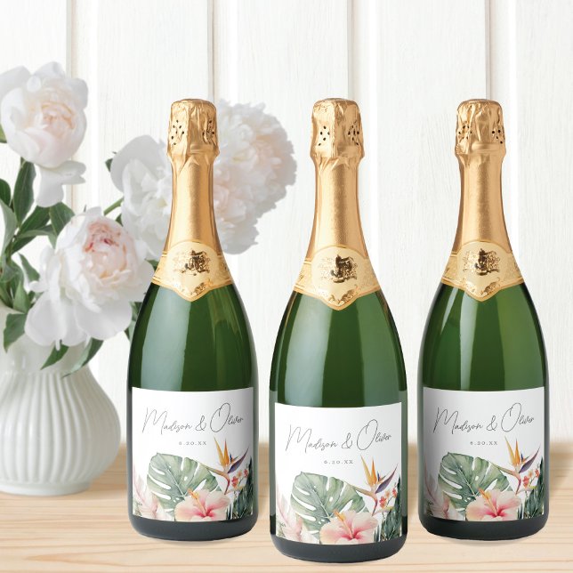 Étiquettes Pour Bouteilles De Vin Mousseux Aquarelle botanique tropicale Mariage de destinati (Créateur téléchargé)