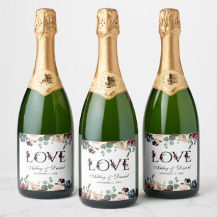 Étiquettes Pour Bouteilles De Vin Mousseux Aquarelle Bourgogne Bleu Floral Mariage Amour