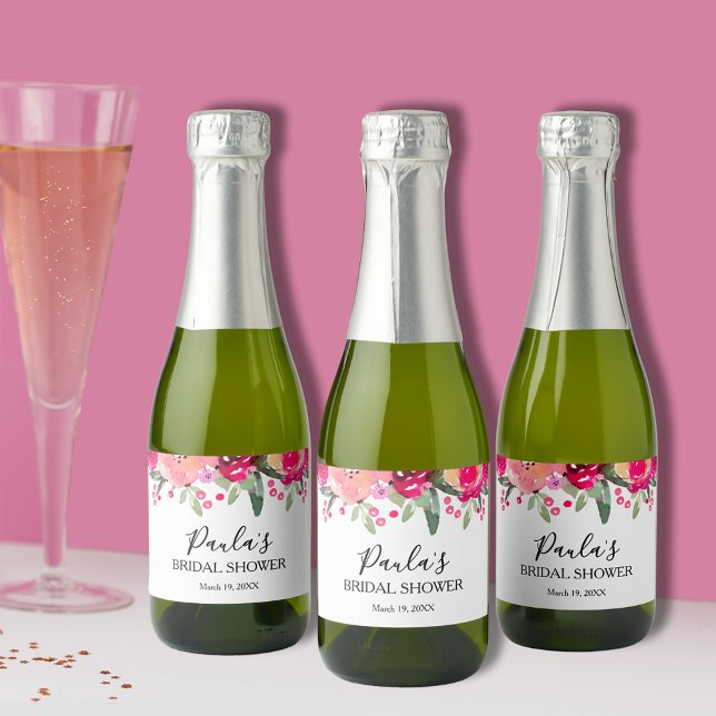 Étiquettes Pour Bouteilles De Vin Mousseux Aquarelle Floral Fête des mariées personnalisée Mi (Chic watercolor floral bridal shower mini champagne personalized bottle labels)