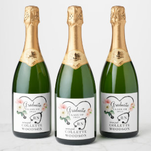 Étiquettes Pour Bouteilles De Vin Mousseux Aquarelle Floral Stethoscope Infirmière Diplômée