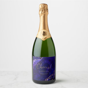 Étiquettes Pour Bouteilles De Vin Mousseux Aquarelle Géode Rose bleu profond Mariage d'âge or