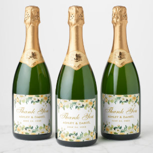 Étiquettes Pour Bouteilles De Vin Mousseux Aquarelle Jaune Or Blanc Floral Mariage