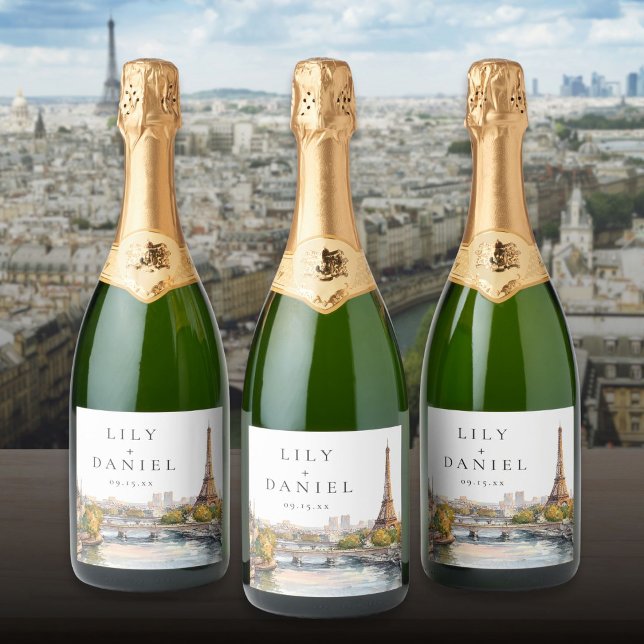 Étiquettes Pour Bouteilles De Vin Mousseux Aquarelle Paris France Destination Mariage (Watercolor Paris France Destination Wedding Sparkling Wine Label)