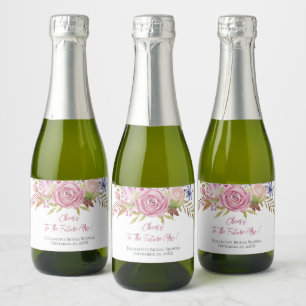 Étiquettes Pour Bouteilles De Vin Mousseux Aquarelle rose florale Fête des mariées botanique