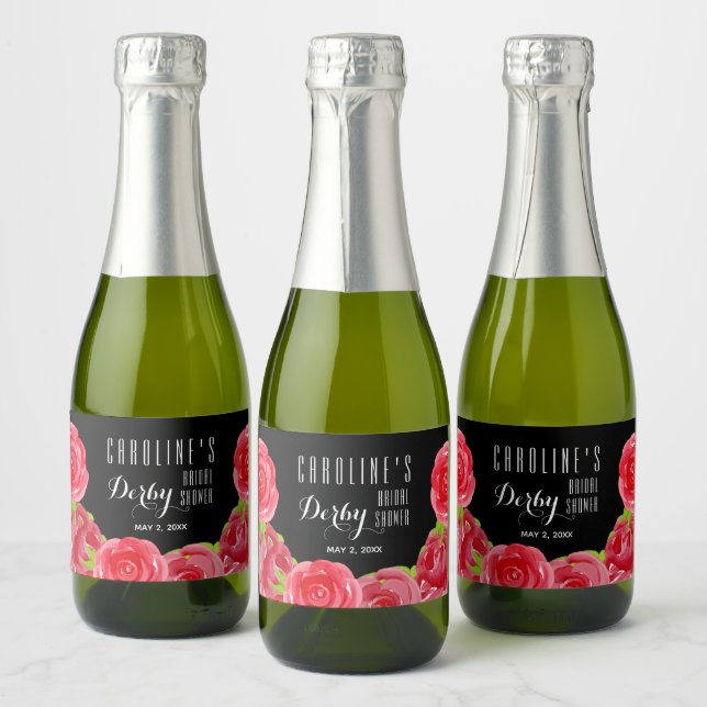 Étiquettes Pour Bouteilles De Vin Mousseux Aquarelle Rouge Roses Derby Fête des mariées Mini (Bouteilles)