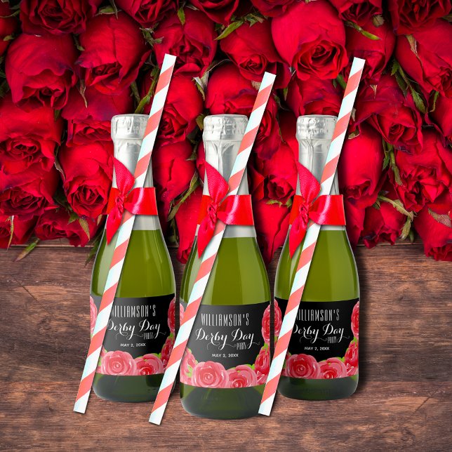 Étiquettes Pour Bouteilles De Vin Mousseux Aquarelle Rouge Roses Derby Party Mini (Watercolor Red Roses Derby Party Mini Sparkling Wine Bottle  Labels (straws, ribbons not included))