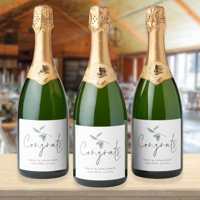 Étiquettes Pour Bouteilles De Vin Mousseux Aquarelle Sage Eucalyptus Congrats Noms Mariage (Créateur téléchargé)