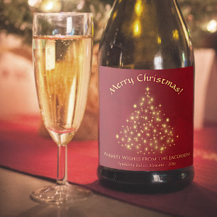 Étiquettes Pour Bouteilles De Vin Mousseux Arbre de Noël Golden Sparkings en Fête Rouge