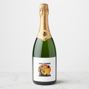 Étiquettes Pour Bouteilles De Vin Mousseux Arbre effrayant Halloween Sorcière volante Lune or