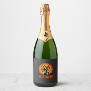 Étiquettes Pour Bouteilles De Vin Mousseux Arbre ensorcelé Halloween Sorcière et chats noirs