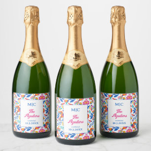 Étiquettes Pour Bouteilles De Vin Mousseux Art folklorique Floral Fiesta Monogramme Décor Mar