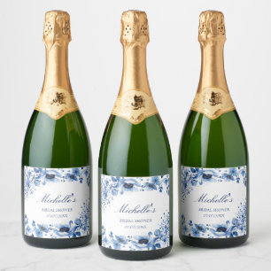 Étiquettes Pour Bouteilles De Vin Mousseux Asiatique Chinoiserie Bleu clair Floral Bridgerton