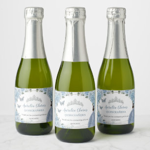 Étiquettes Pour Bouteilles De Vin Mousseux Baby Blue Floral Princess Quinceañera Anniversaire
