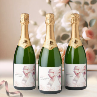 Étiquettes Pour Bouteilles De Vin Mousseux Baby shower à fleurs de Bow rose