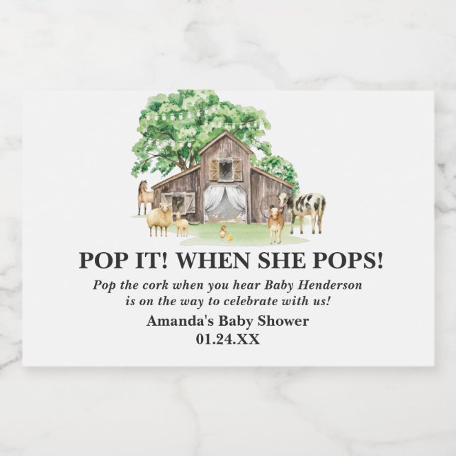 Étiquettes Pour Bouteilles De Vin Mousseux Baby shower animal agricole rustique (Étiquettes simples)