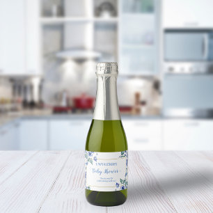 Étiquettes Pour Bouteilles De Vin Mousseux Baby shower Aquarelle Bleu Floral