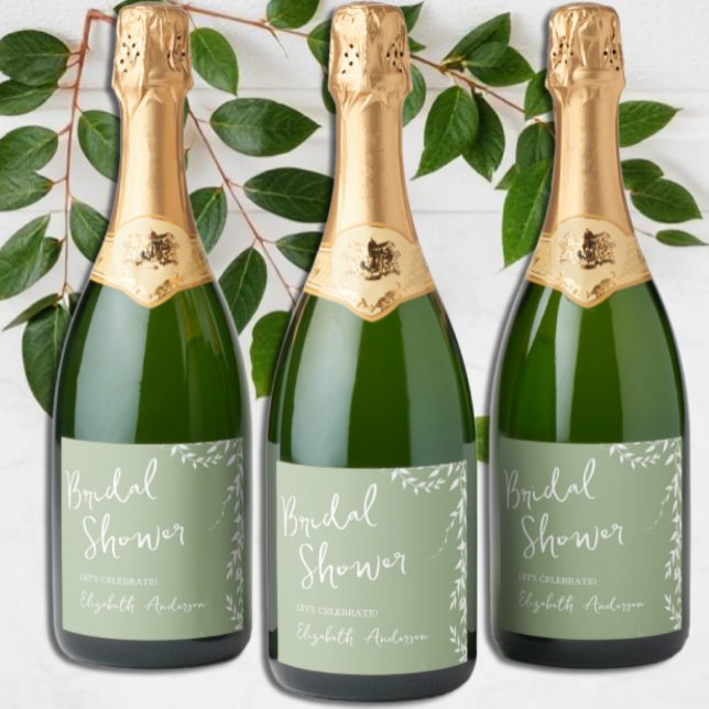 Étiquettes Pour Bouteilles De Vin Mousseux Baby Shower aux Feuilles Botaniques Vert Sauge (Créateur téléchargé)