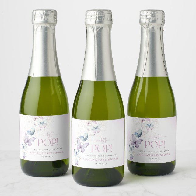 Étiquettes Pour Bouteilles De Vin Mousseux Baby shower de fille papillon pourpre (Bouteilles)