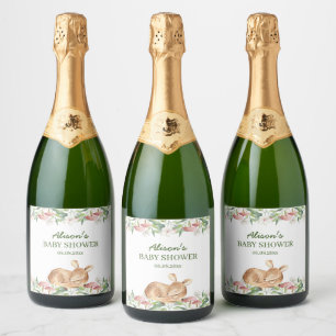 Étiquettes Pour Bouteilles De Vin Mousseux Baby shower de végétation fleurie de cerfs de bois