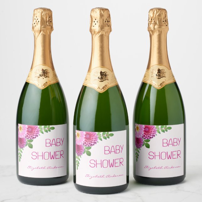 Étiquettes Pour Bouteilles De Vin Mousseux Baby shower fille rose violet Dahlia (Bouteilles)