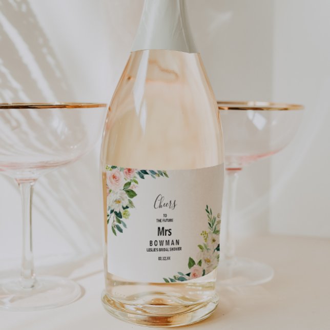 Étiquettes Pour Bouteilles De Vin Mousseux Baby Shower Floral Élégant avec Verdure (Créateur téléchargé)