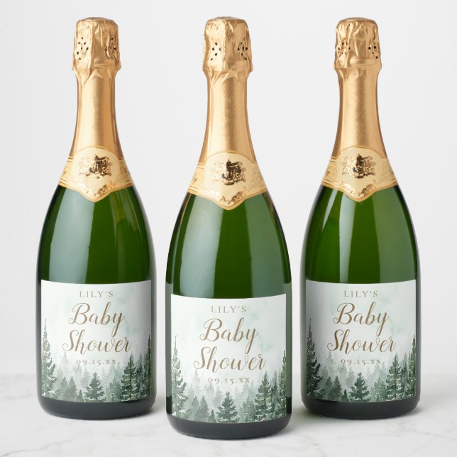 Étiquettes Pour Bouteilles De Vin Mousseux Baby shower forestier rustique de pins (Bouteilles)