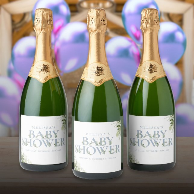 Étiquettes Pour Bouteilles De Vin Mousseux Baby Shower Garçon Bleu Poussiéreux avec Feuillage (Dusty Blue Greenery Boy Baby Shower Sparkling Wine Label)