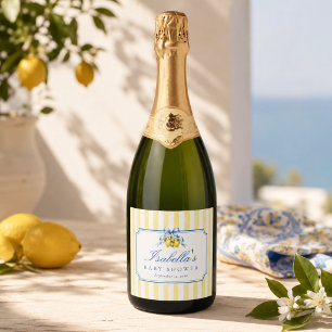 Étiquettes Pour Bouteilles De Vin Mousseux Baby Shower Méditerranéen Citron Neutre 