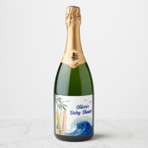Étiquettes Pour Bouteilles De Vin Mousseux Baby shower moderne Blue Ocean Wave Surboard