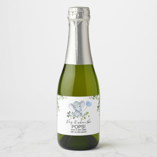 Étiquettes Pour Bouteilles De Vin Mousseux Baby Shower Pop It Aquarelle Éléphant Garçon (Devant)