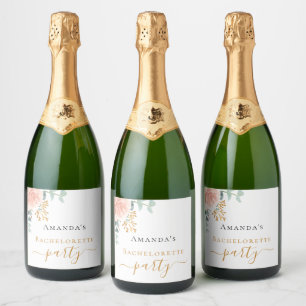 Étiquettes Pour Bouteilles De Vin Mousseux Bachelorette fête rose or floral eucalyptus
