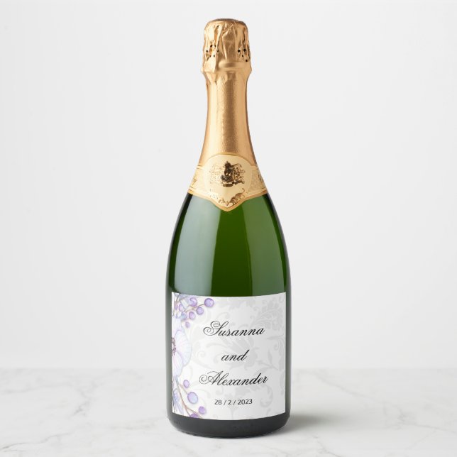 Étiquettes Pour Bouteilles De Vin Mousseux Baies florales pourpres et Mariage damassé (Devant)