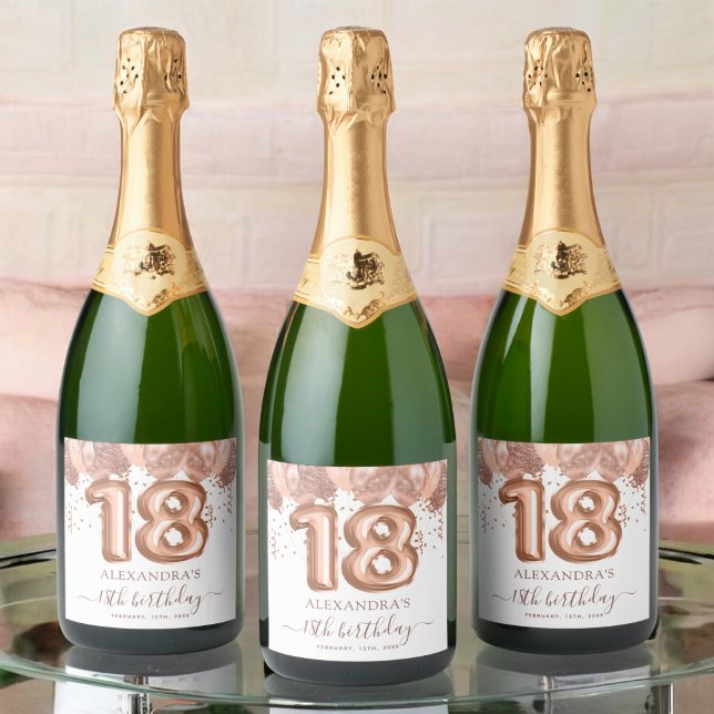 Étiquettes Pour Bouteilles De Vin Mousseux Ballons d'or rose 18ème anniversaire (Créateur téléchargé)