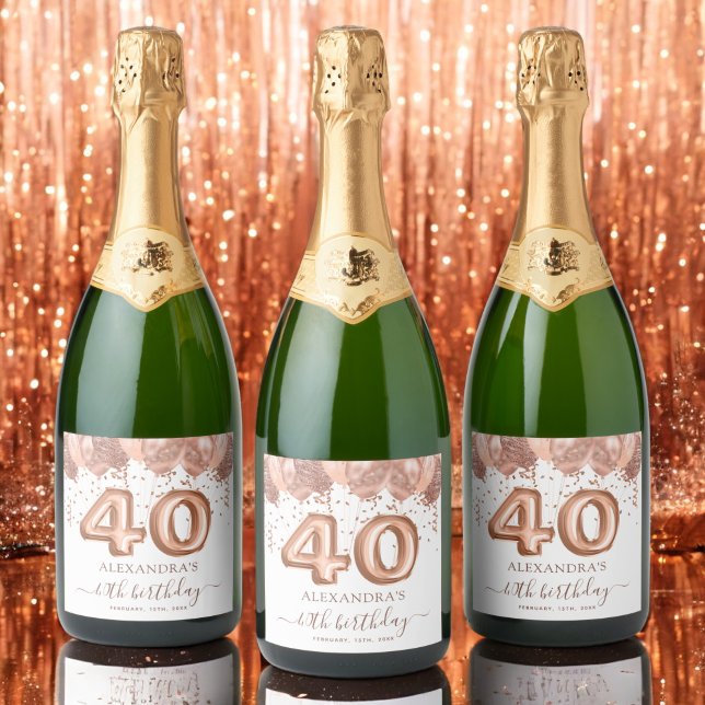Étiquettes Pour Bouteilles De Vin Mousseux Ballons d'or rose fête du 40e anniversaire (Créateur téléchargé)