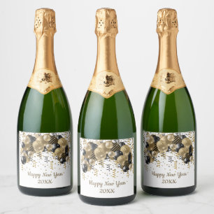 Étiquettes Pour Bouteilles De Vin Mousseux Ballons en Or Noir Confettis Fête du Nouvel An