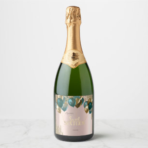 Étiquettes Pour Bouteilles De Vin Mousseux Balloons Gold Glitter Drips Rose Gold Sweet 16