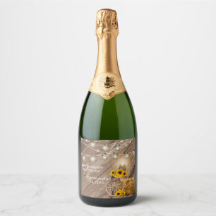 Étiquettes Pour Bouteilles De Vin Mousseux Beau tonneau en bois rustique et tournesols