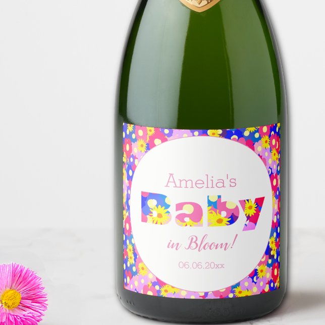 Étiquettes Pour Bouteilles De Vin Mousseux Bébé en Fleur Baby shower rose (Créateur téléchargé)