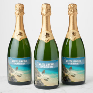Étiquettes Pour Bouteilles De Vin Mousseux Belle plage de sable Mariage Tropical Paradise