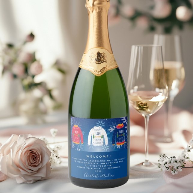 Étiquettes Pour Bouteilles De Vin Mousseux Bienvenue fête de Noël affreux pull rouge bleu (Créateur téléchargé)