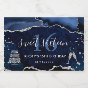 Étiquettes Pour Bouteilles De Vin Mousseux Bille de cristal d'agate bleu et argent Sweet 16