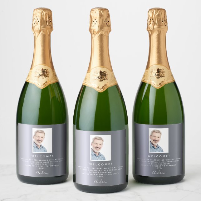 Étiquettes Pour Bouteilles De Vin Mousseux Birthday party silver fox photo welcome guy (Bouteilles)