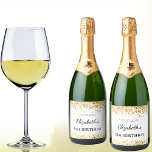 Étiquettes Pour Bouteilles De Vin Mousseux Birthday party white gold glitter dust name<br><div class="desc">A wine label for a girly and glamorous 21st (or any age) birthday party.  An elegant white background with faux gold glitter dust. Personalize and add a date,  name and age 21. The name is written with an elegant hand lettered style script.</div>