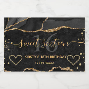 Étiquettes Pour Bouteilles De Vin Mousseux Black and Gold Glitter Agate Marble Sweet 16