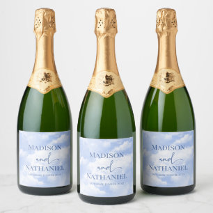 Étiquettes Pour Bouteilles De Vin Mousseux Bleu Blanc Étincelle Nuages Rêveur Élégant Mariage